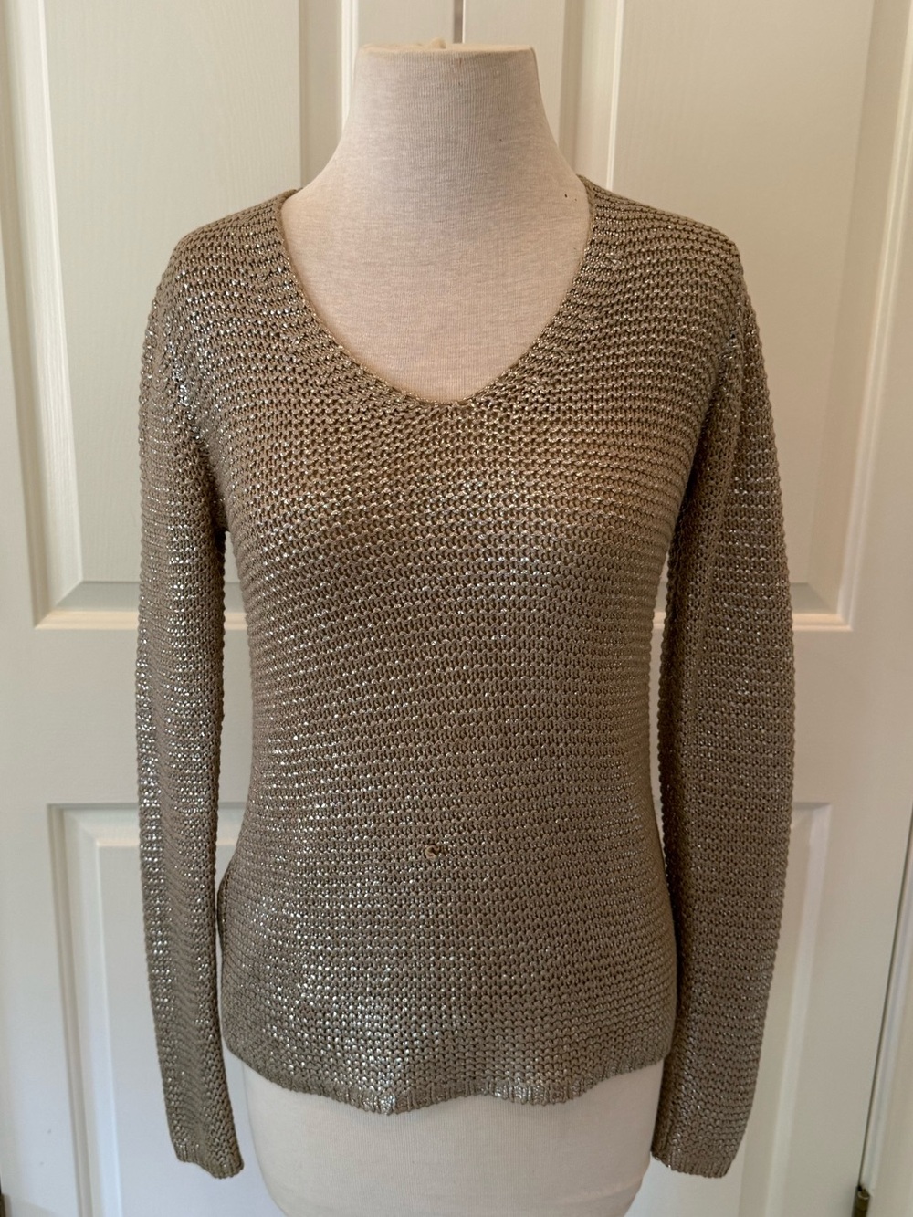 BCBG MaxAzria Metallic “Chain-mail” V-Neck Knit Sweater